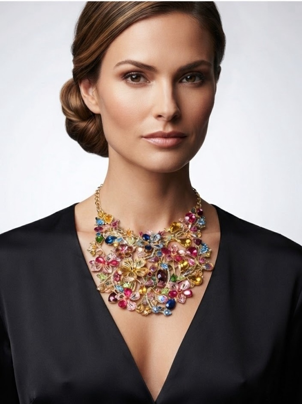Natasha Couture Gold Multicolor Floral Crystal Bib Necklace